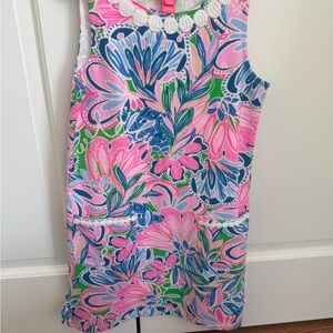 Girls Lilly Pulitzer Hot Pink Multi Floral Dress With White Scallop Trim 8-10